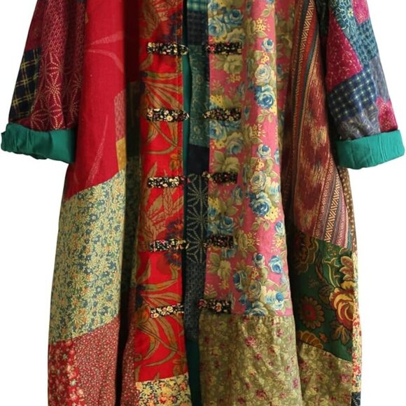 Jackets & Blazers - Floral Print Linen Cotton Jacket Bohemian Patchwork Outwear Women Large